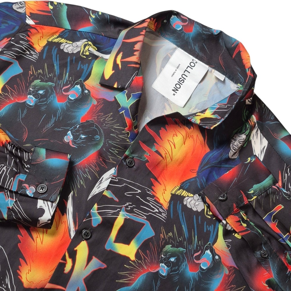 Collusion Mens Small‎ Button Up Shirt Graphic Anime Tiger Black Multicolor